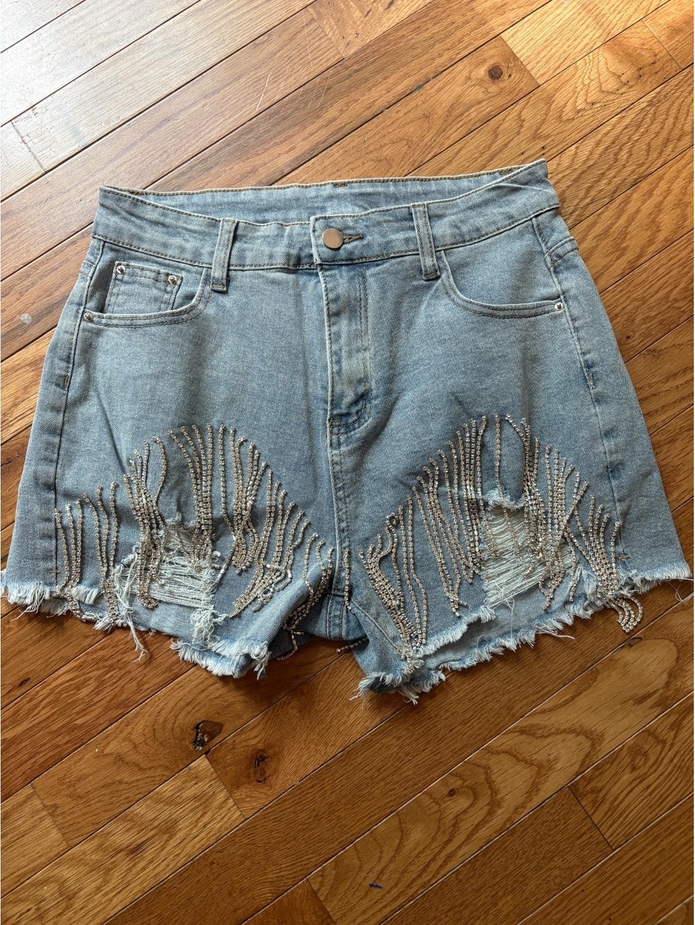 Women's Light Wash Denim Shorts with Rhinestone Embellishments and Distressed